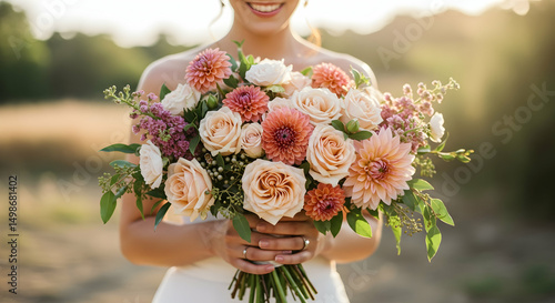 Stunning Peach and Coral Wedding Bouquet Bride Holding Flowers Romantic Floral Arrangement photo