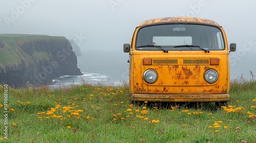 Vintage yellow camper van parked on a grassy cliffside with foggy coastal cliffs and ocean in the background