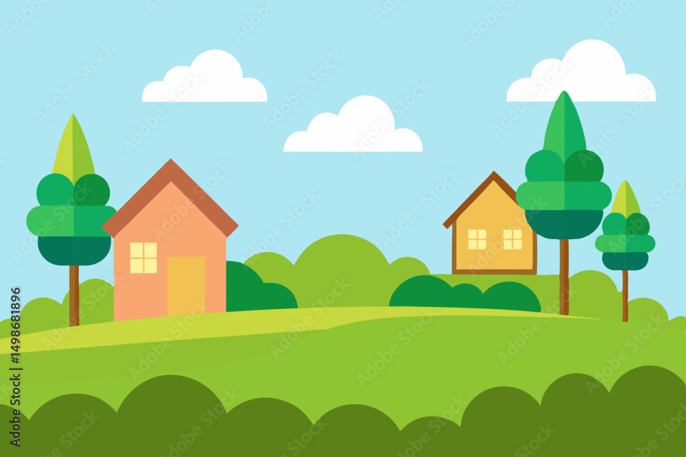 Cartoon vector illustration of a summer village landscape with houses, trees, and sky Cartoon vector illustration of a summer village landscape with houses, trees, and sky
