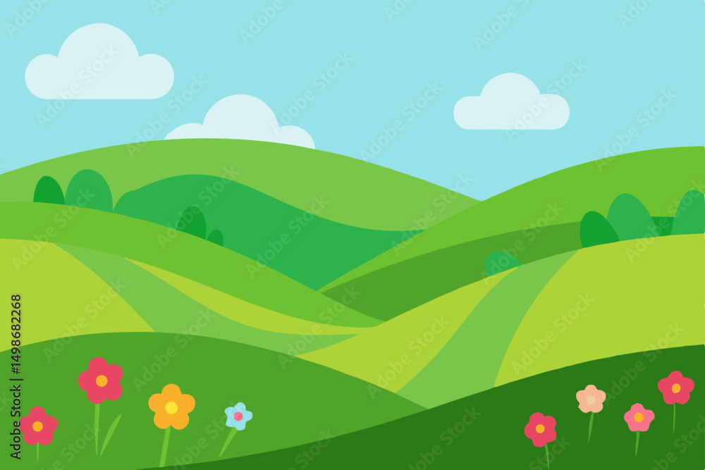 Obraz premium Colorful cartoon landscape illustration of a beautiful spring or summer meadow with flowers, green grass, trees, and clouds under a bright sky