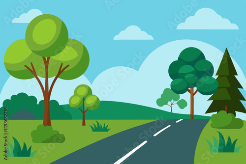 Forest road to the city in a green summer landscape with trees, grass, and a bright sky, a nature illustration
