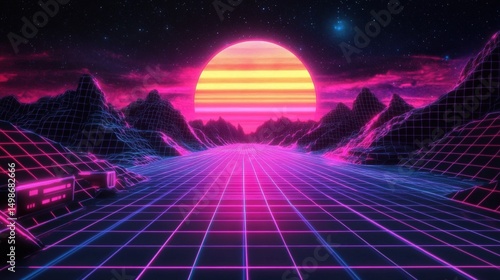 Vibrant Retro Futuristic Landscape with Neon Colors and Grid Pattern