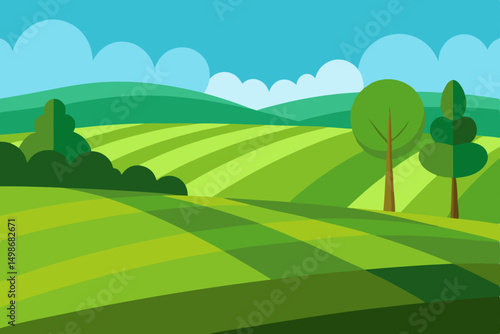 Summer landscape with green grass, trees, and blue sky, a perfect view of nature's field
