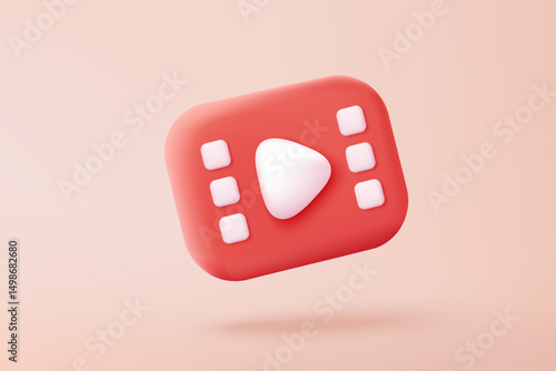 3D cinema movie ticket with minimal film theater play icon, ready for watch movie in theatre. Media film for entertainment, booking ticket service. 3d vector cinema coupon icon render illustration