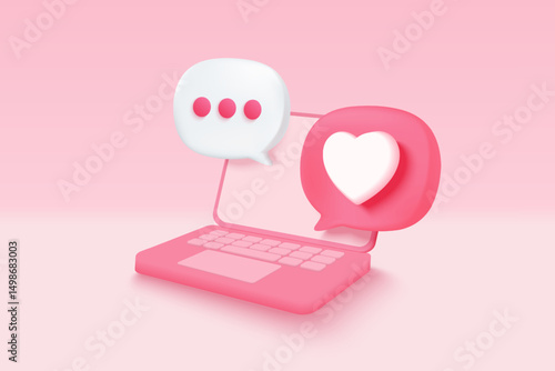 3D social media online platform concept, online social communication on laptop, Photo frame with heart and love emoji icon, like and play in red bubble icons. 3d heart vector render concept