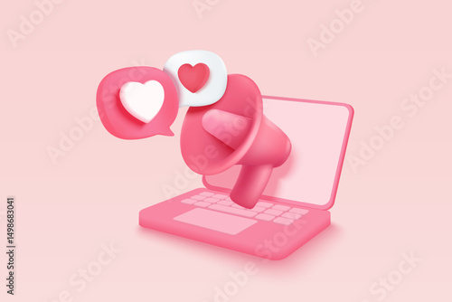 3d megaphone speaker for announce romantic valentine composition. Valentine's Day festive decorative objects, heart and love emoji icon feeling. 3d speakerphone romance icon vector render illustration