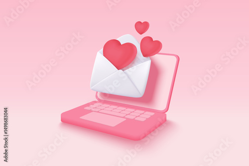 3d mail envelope icon with red heart notification new message. Minimal email letter with pop up speech icon on laptop. Happy valentine day message in love. 3d envelope vector icon render illustration
