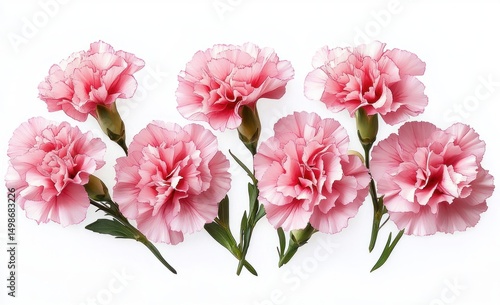 Wallpaper Mural Arrangement of seven delicate pink carnations with ruffled petals and green stems on a white background Torontodigital.ca