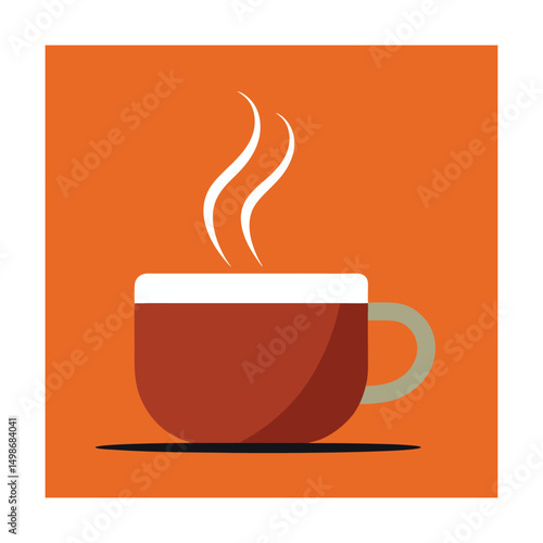 A simple illustration of a warm cup of coffee emitting steam on an orange background.