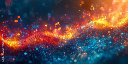 abstract representation of musical notes flowing like a river through a vibrant background, Generative AI