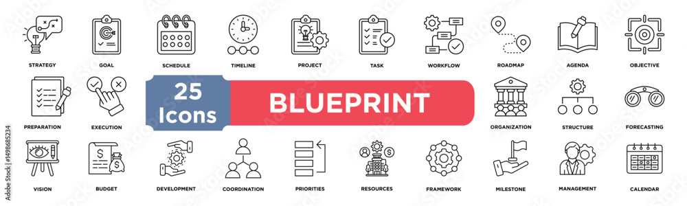 blueprint icon collection set. Containing strategy,goal,schedule,timeline,project,task,workflow,roadmap,agenda,objective icon. Simple line vector. blueprint icon collection set. Containing strategy,goal,schedule,timeline,project,task,workflow,roadmap,agenda,objective icon. Simple line vector.