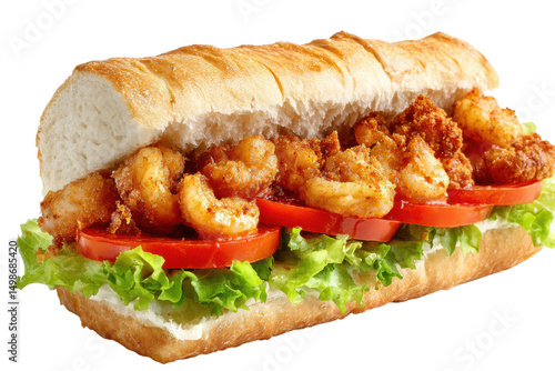 Delicious shrimp po' boy sandwich with lettuce and tomato on crunchy baguette, cut out