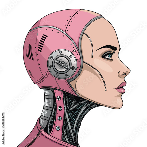 A hyperrealistic image of a female robot head, showcasing human-like skin tearing away to reveal metallic endoskeleton underneath.  Focus on detail and texture.