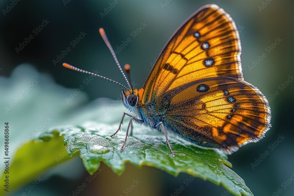 Obraz premium Close-up of orange and black butterfly with patterned wings resting on green leaf covered with dew drops