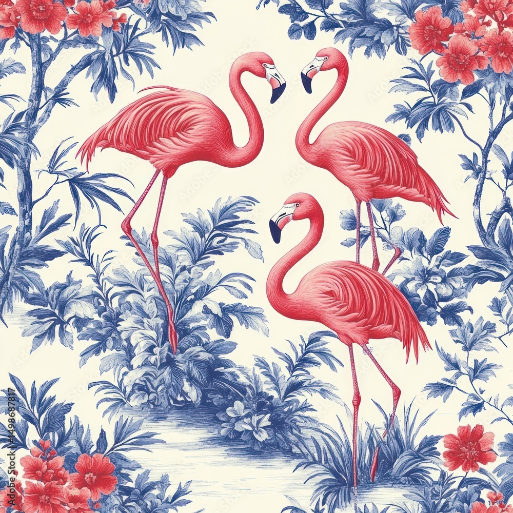 Obraz premium Three vibrant pink flamingos standing gracefully among blue and red tropical foliage and flowers on a light background