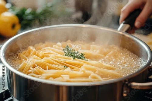 Close-up of pasta boiling in a pot of water with steam rising and herbs on top, cooking on a stove in a kitchen environment