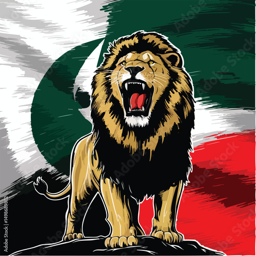 A bold and majestic lion vector logo design featuring a roaring lion head with a waving flag in the background. Perfect for sports teams, patriotic brands, military badges, adventure clubs, and logo d