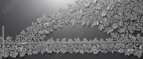 Shimmering metallic background adorned with ornate silver leaf lace border , reflective, filigree