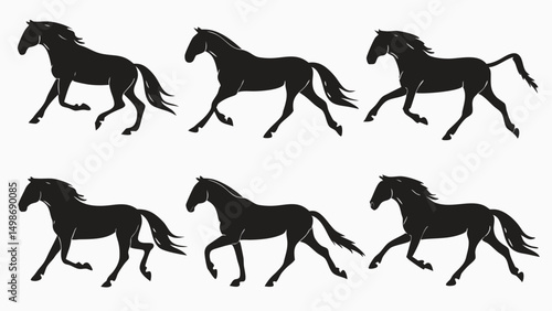 Silhouette collection of six running horses depicting movement and elegance in graphic design