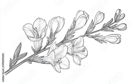 one thin and long branch of freesia with closed buds lies horizontally. tattoo design with linear pattern, thin lines, black and white sketch, white background 