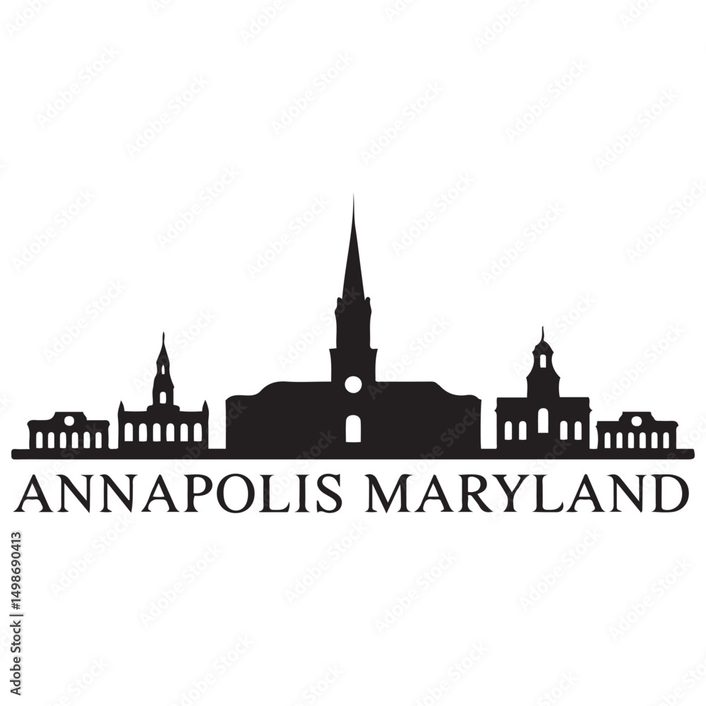 Fototapeta premium Annapolis Maryland, city skyline silhouette with black buildings. Vector black silhouette. with white background