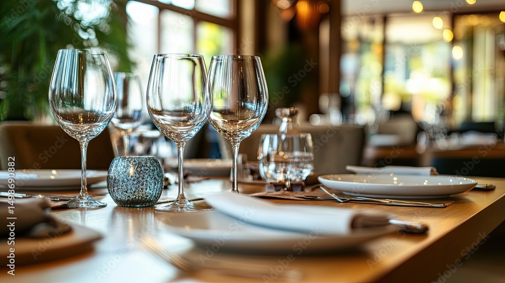 Light interior with wooden dining table, crockery, and cutlery Light interior with wooden dining table, crockery, and cutlery