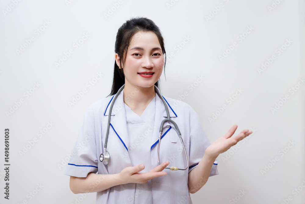 Young Asian healthcare professional in medical attire presenting information with a friendly smile in a clinical environment Young Asian healthcare professional in medical attire presenting information with a friendly smile in a clinical environment