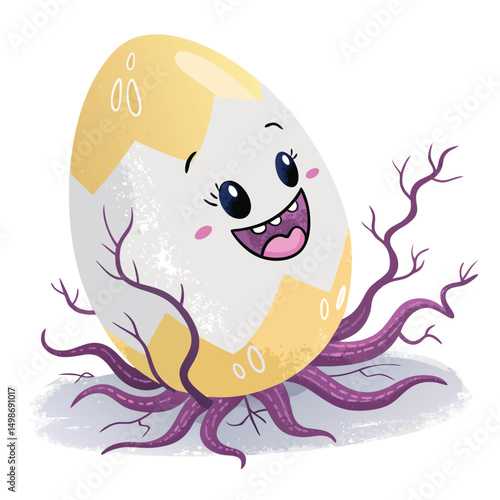 A pastel-colored egg, smiling, cracked open revealing growing tentacles.  Surreal, whimsical, cute.