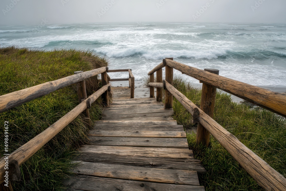 Fototapeta premium Wooden boardwalk stretching to the beach, with waves crashing below as the breeze flows.