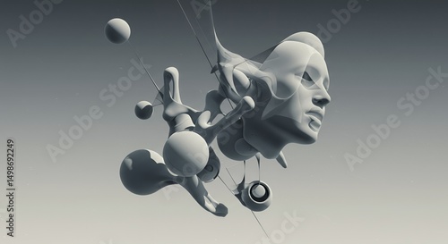 Abstract Digital Monochrome Portrait Sculpture with Floating Spheres Geometric Design Modern 3D Render and Pixelated Texture on a Gray Background