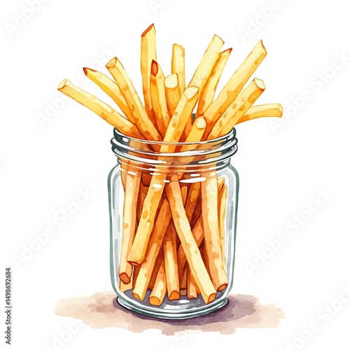 Serving of French Fries in a Glass Jar Watercolor Illustration