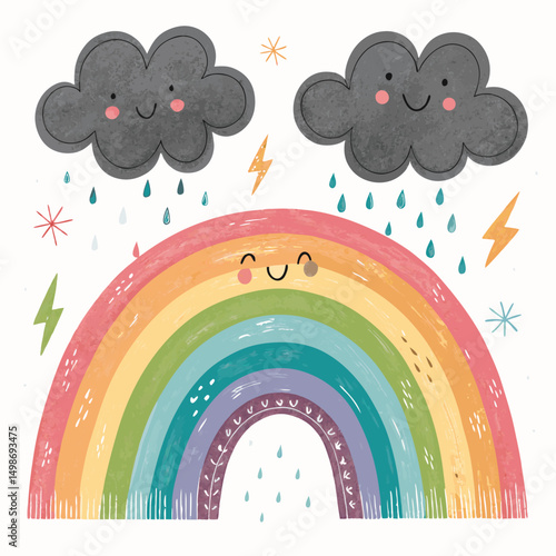 A vibrant, smiling rainbow arches over ominous dark clouds, with falling nails seemingly piercing the rainbow's arc. Surreal, whimsical, contrasting elements.