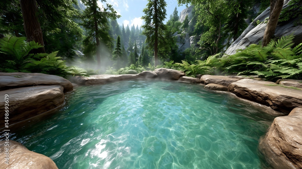 Naklejka premium Serene Forest Hot Springs A Tranquil Escape in Lush Nature