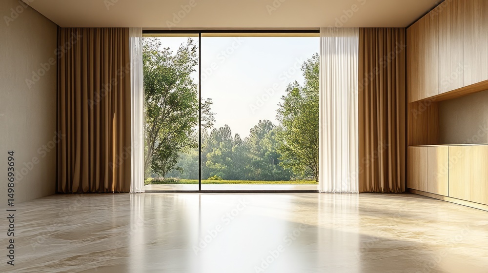 Obraz premium Spacious room with panoramic garden view.