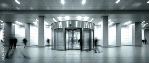Surreal lobby with revolving glass door and fluorescent lighting as camera tracks in toward entrance while blurred figures pass by in ghostlike motion