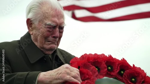 Old war veteran laying a wreath at the Tomb of the Unknown Soldier, with the American flag at half-mast. Close-up on his wrinkled hands and watery eyes. Motion