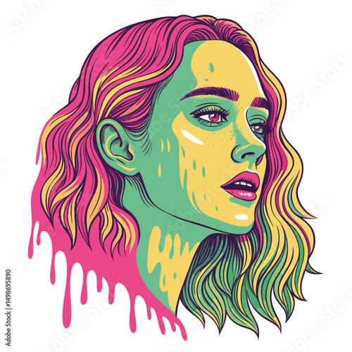 Generate a surreal image of a woman's face melting, exhibiting vibrant psychedelic colors and textures.  Focus on a dreamlike, distorted aesthetic.
