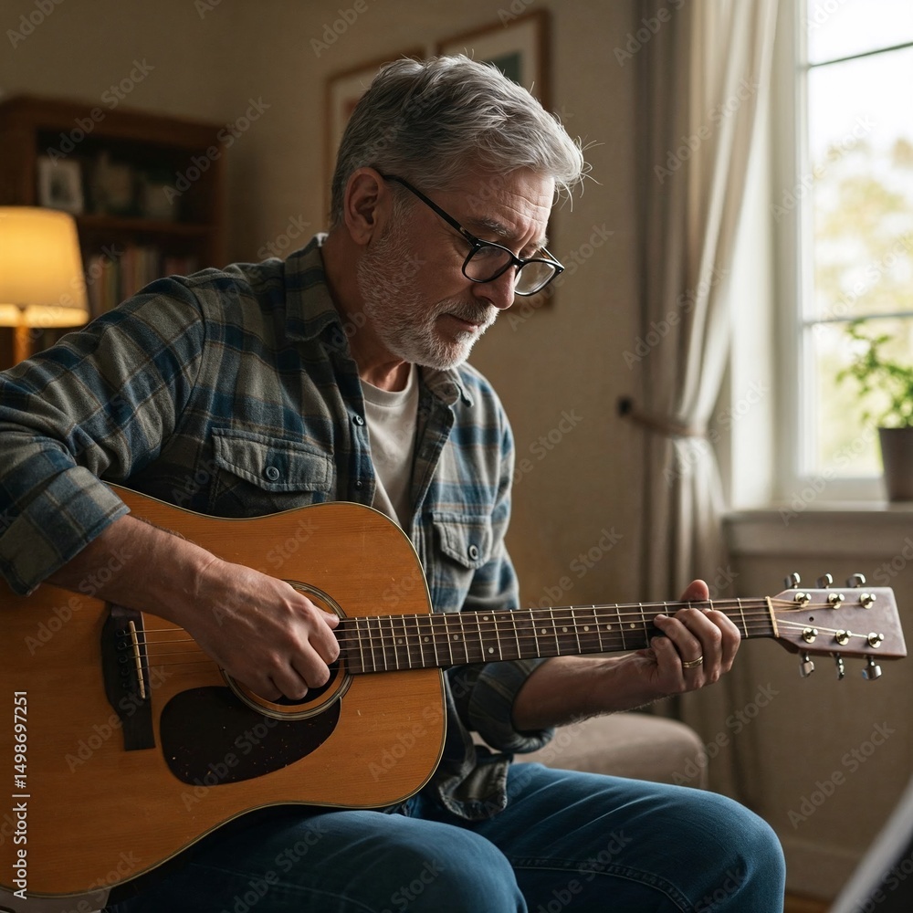 Obraz premium Elderly man playing acoustic guitar while sitting in cozy living room 