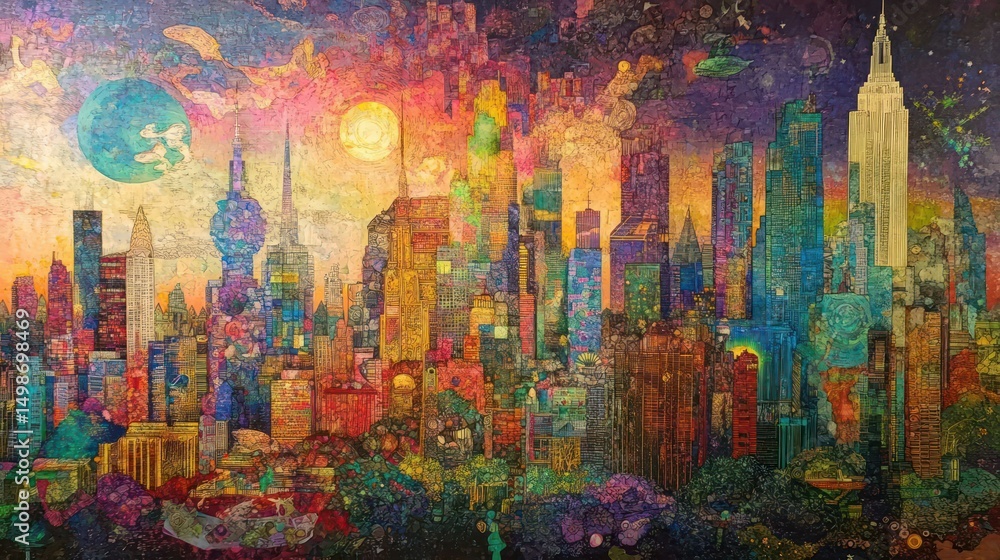 Naklejka premium Surreal Cityscape at Sunset: A Vibrant Tapestry of Urban Dreams