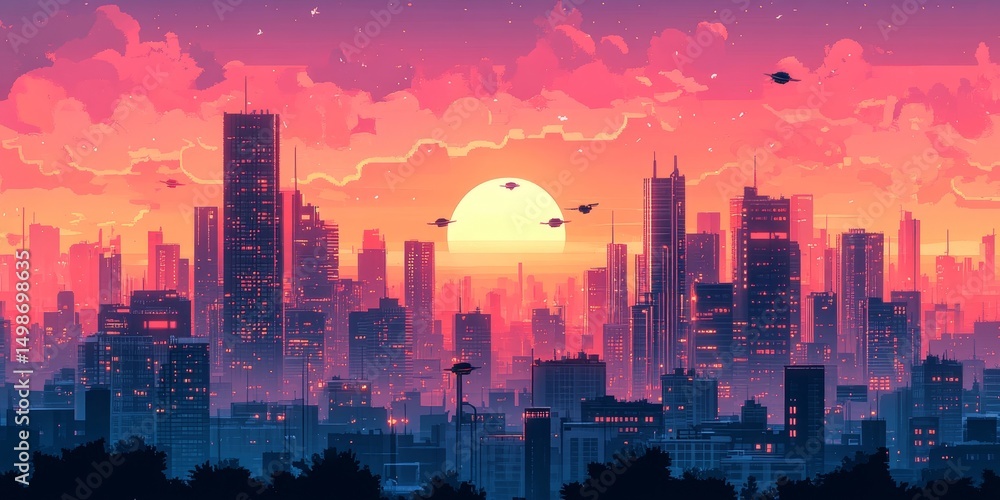 Fototapeta premium Illustration of a futuristic cityscape with towering buildings and flying cars under a pink sky, Generative AI