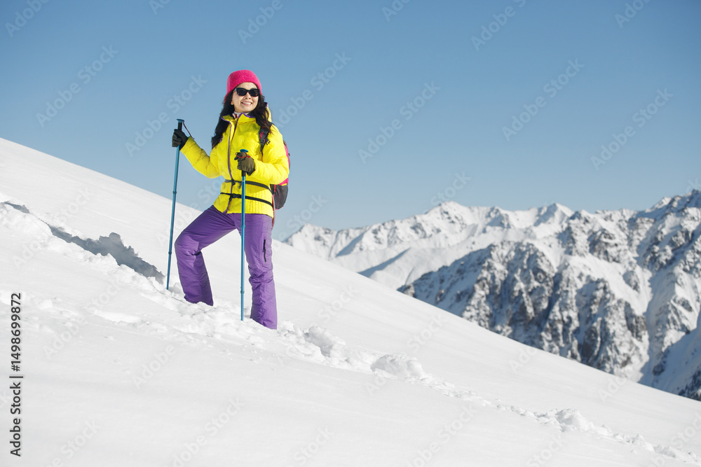 Joyful Woman Celebrates the Ascent of Snow-Capped Mountain Peak Joyful Woman Celebrates the Ascent of Snow-Capped Mountain Peak