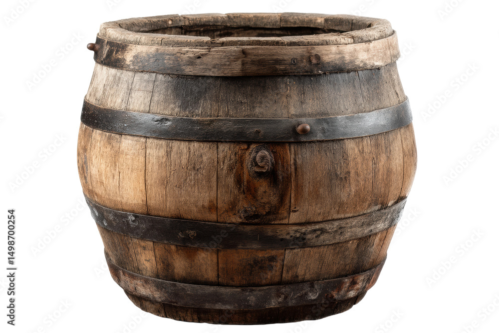 Obraz premium Rustic wooden barrel with iron bands isolated on black background, cut out