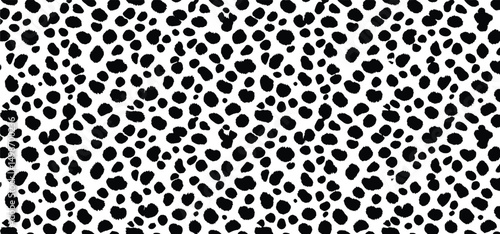 Dalmatian dog skin fur texture. Vector pattern of black and white dalmatian spots, horizontal background.
