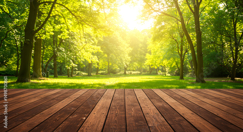 Fototapeta Naklejka Na Ścianę i Meble -  Serene forest scene blending nature's tranquility with rustic wooden platform