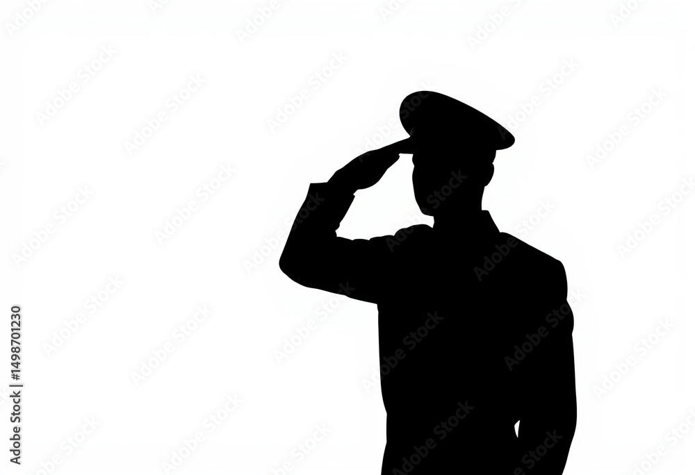 A stark black silhouette of a saluting figure against a white background, profile, photography A stark black silhouette of a saluting figure against a white background, profile, photography