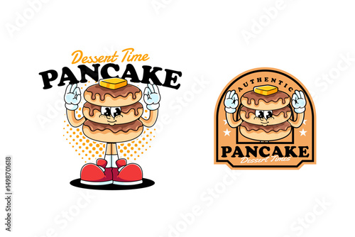 pancake with butter and chocolate melted retro cartoon character mascot illustration with standing and ok hand for restaurant, cafes, eatery, cafeteria, pastry, dessert mascots and merchandise