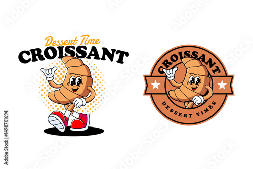 croissant tasty dessert retro cartoon character mascot illustration with walking and peace hand for restaurant, cafes, eatery, cafeteria, pastry, bakery mascots and merchandise