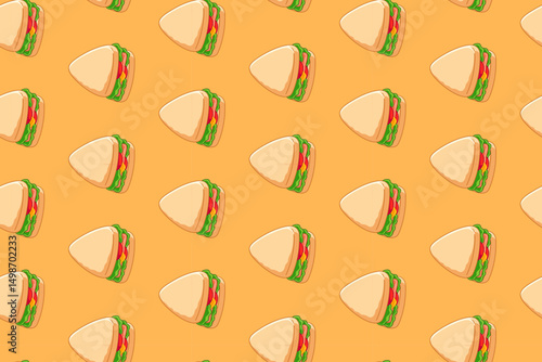 sandwich illustration colorful pattern on yellow background. sarnie fast food doodle seamless pattern background. sammie foodstuff seamless pattern for restaurant, food court, cafes, eatery, cafeteria