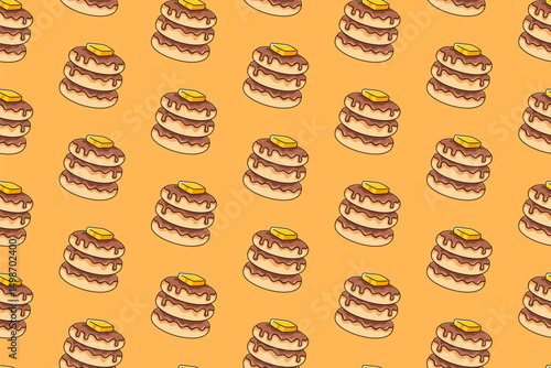 pancake with buttery and chocolate melted illustration colorful pattern on yellow background. fluffy pancake doodle seamless pattern background for restaurant, food court, cafes, eatery, cafeteria