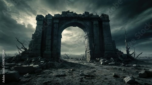 Moody and atmospheric shot of ancient ruins in a barren, lifeless landscape.